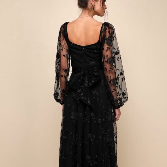 Lulus NWT Darling Charisma Black Mesh Embroidered Long Sleeve Midi Dress Sz M - Picture 3 of 3
